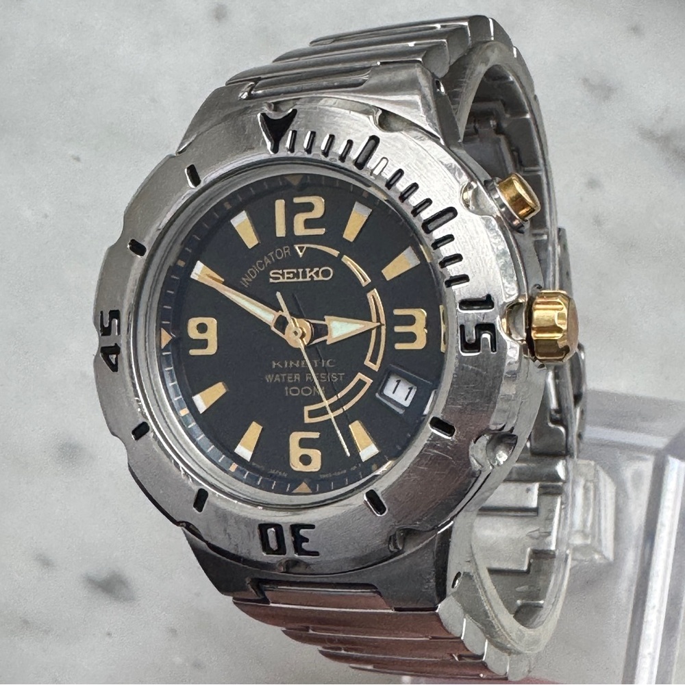 Seiko SKA041 Kinetic Diver Blue Dial Mens Date Watch w/ New Crystal & New Cap